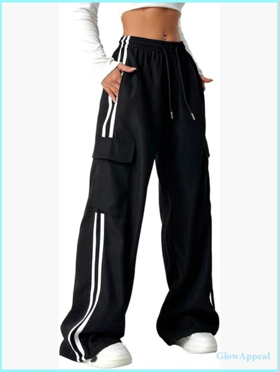 Pants - Wide Leg Cargo Sweatpants Drawstring Waist Jogger Pants with Pockets
